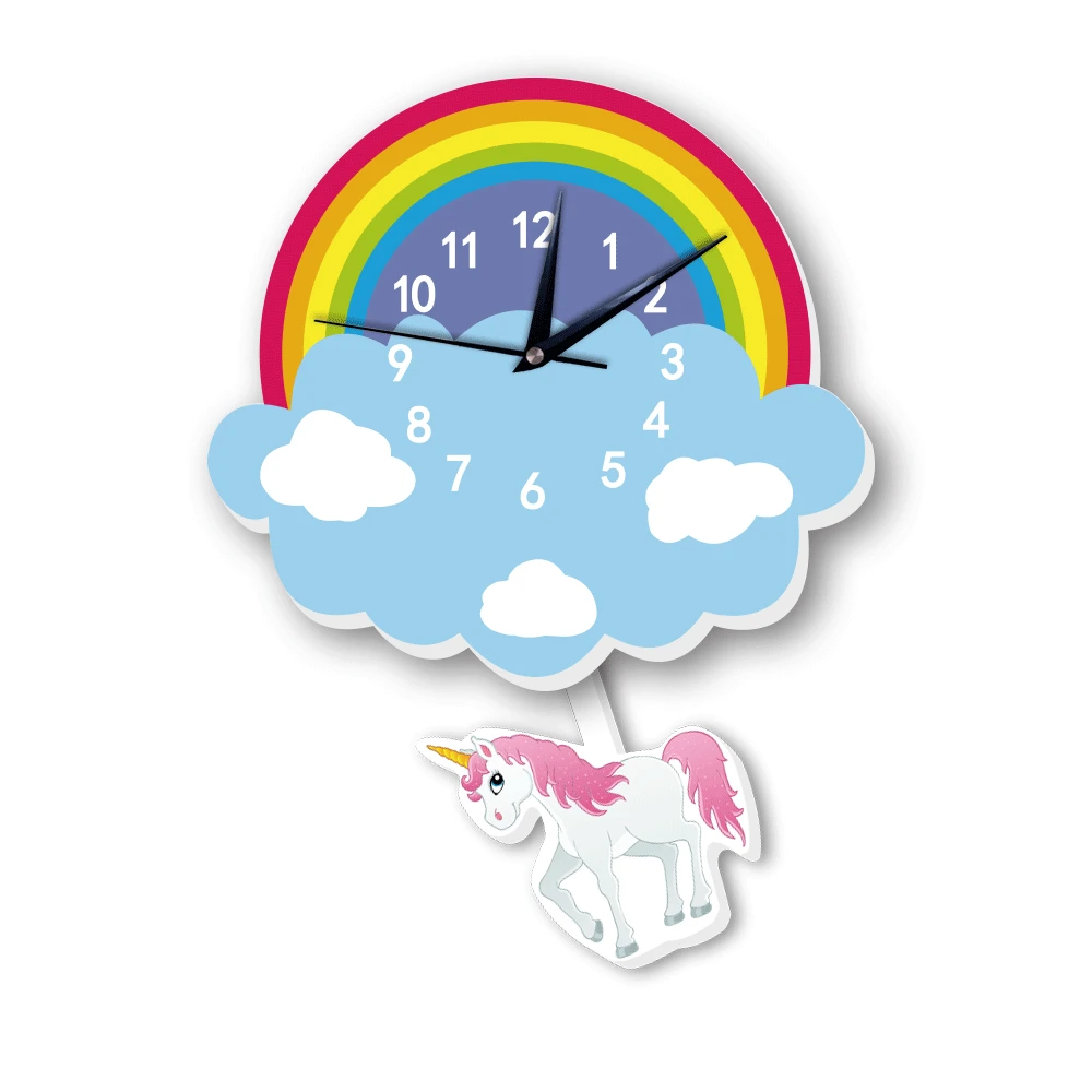 

Lovely Cartoon Wall Clock Rainbow Unicorn Kids Room Wall Stickers Decor Bedroom Pendulum Clock Children Kids Gifts