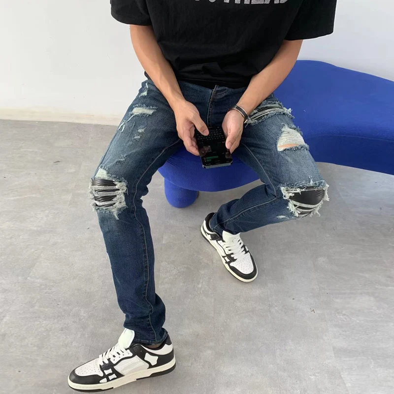 Street Fashion Men Jeans Retro Dark Blue Stretch Skinny Fit Button Ripped Jeans Men Leather Patched Designer Hip Hop Brand Pants