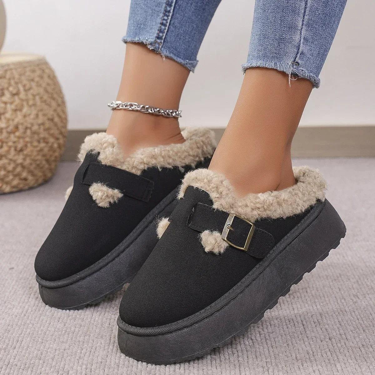 New Luxury Winter Women's Boken Shoes Plush Fashion Retro Bean Cotton Flat Sole Slippers Platform Women Boots
