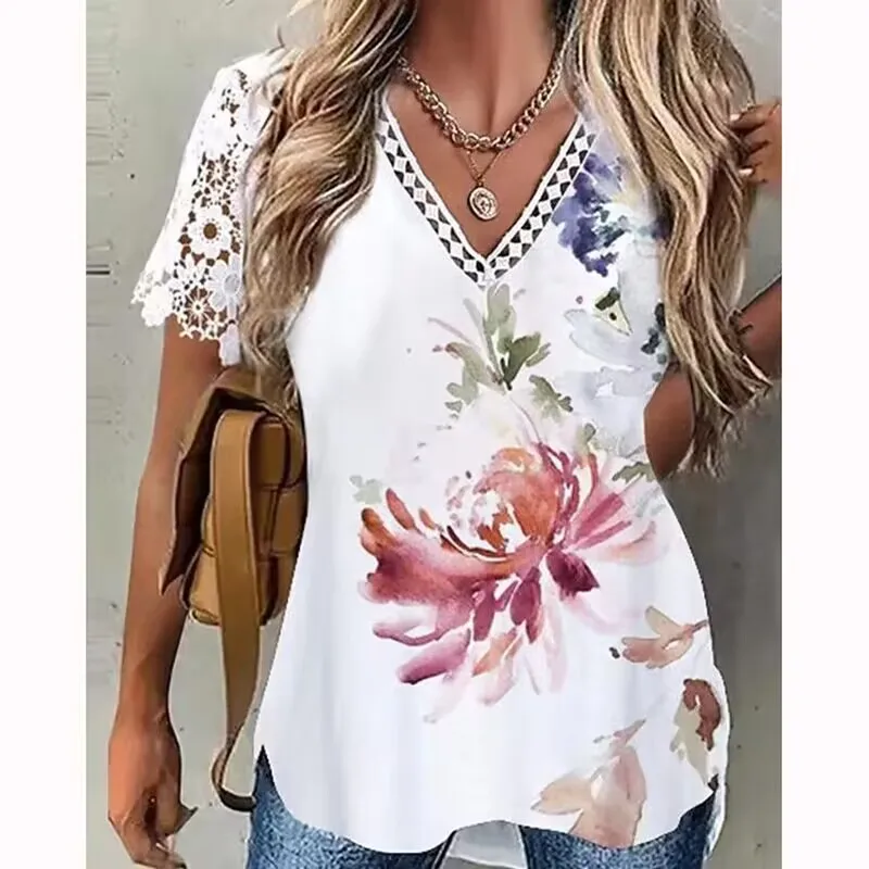 

Fashion Breathable Pullover Tops Summer Sexy Hollow Out V-Neck Lace Patchwork Short Sleeve Tees Casual Loose Floral Print Tops
