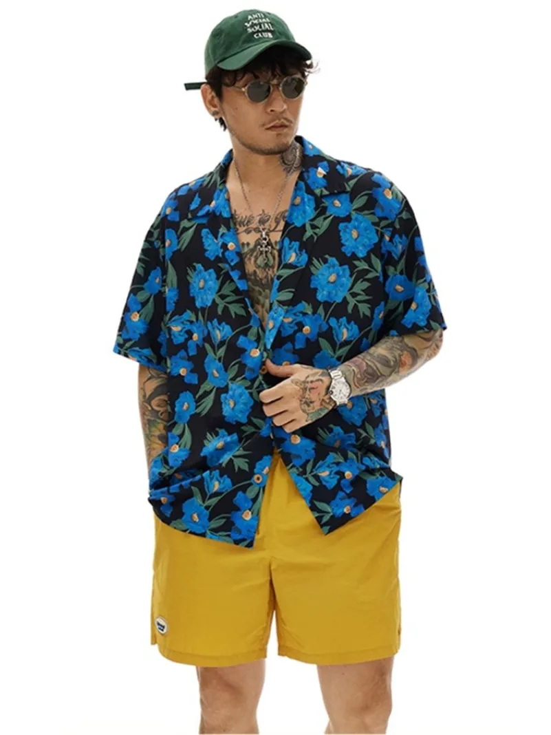 

Summer Men's Cothing Cotton Turn-down Collar Blue Printed Short Sleeve Oversized Fashion Casual Hawaiian Plus Size Shirts