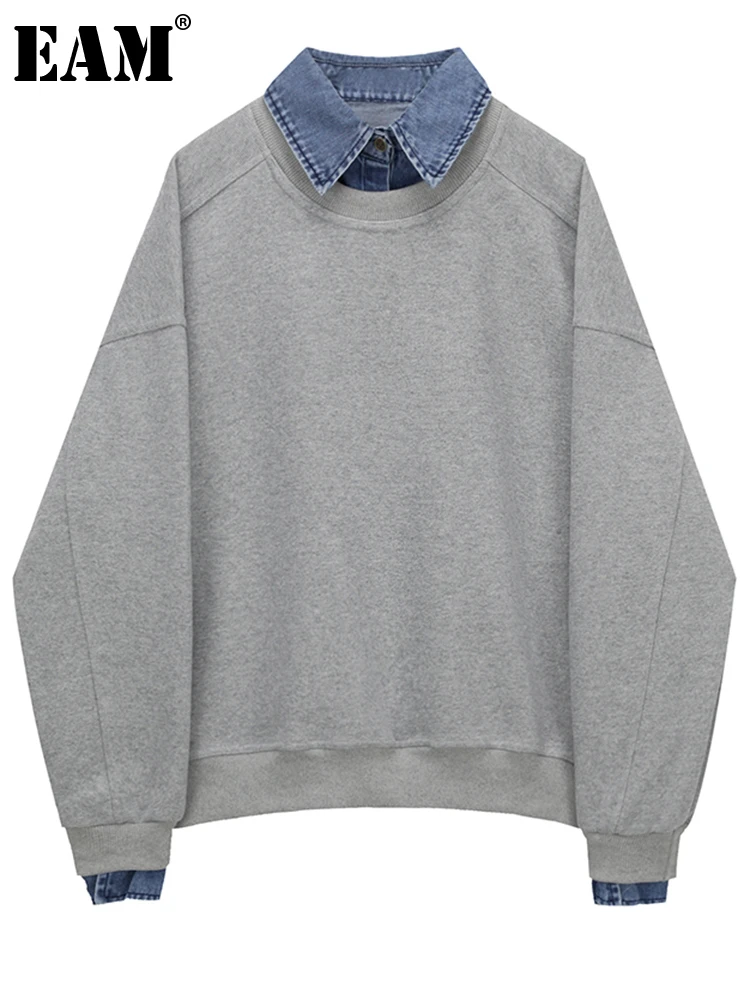 

[EAM] Loose Fit Gray Denim Casual Sweatshirt New Lapel Long Sleeve Women Big Size Fashion Tide Spring Autumn 2022 1DE6742