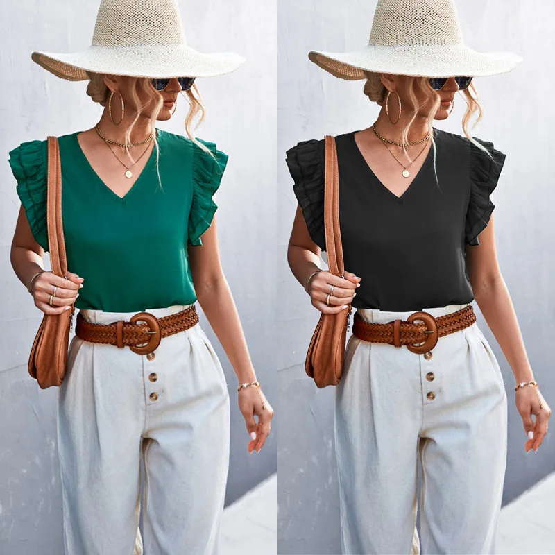 

New Temperament Commuter All-Match Ladies Top Solid Color V-Neck Casual Lotus Leaf Sleeve Top Blouse