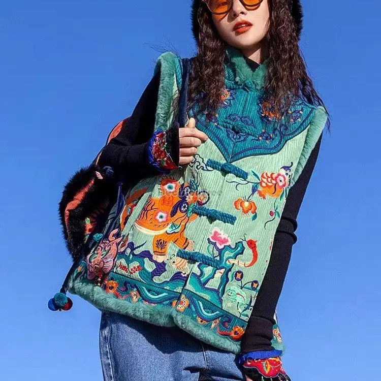 

Женский винтажный хлопковый жилет с вышивкой, повседневный Толстый жилет без рукавов с воротником-стойкой в китайском национальном стиле, g943, 2023