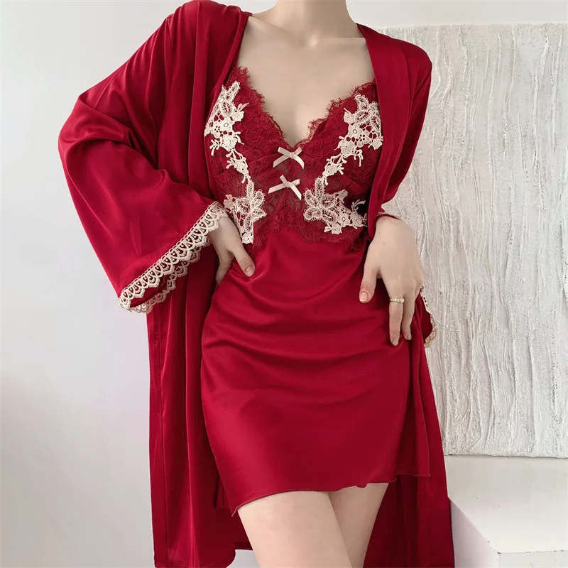 

Sexy Burgundy Bride Bridesmaid Wedding Robe Patchwork Lace Suspender Nightgown Sleepwear Summer Casual Loose Satin Home Dress