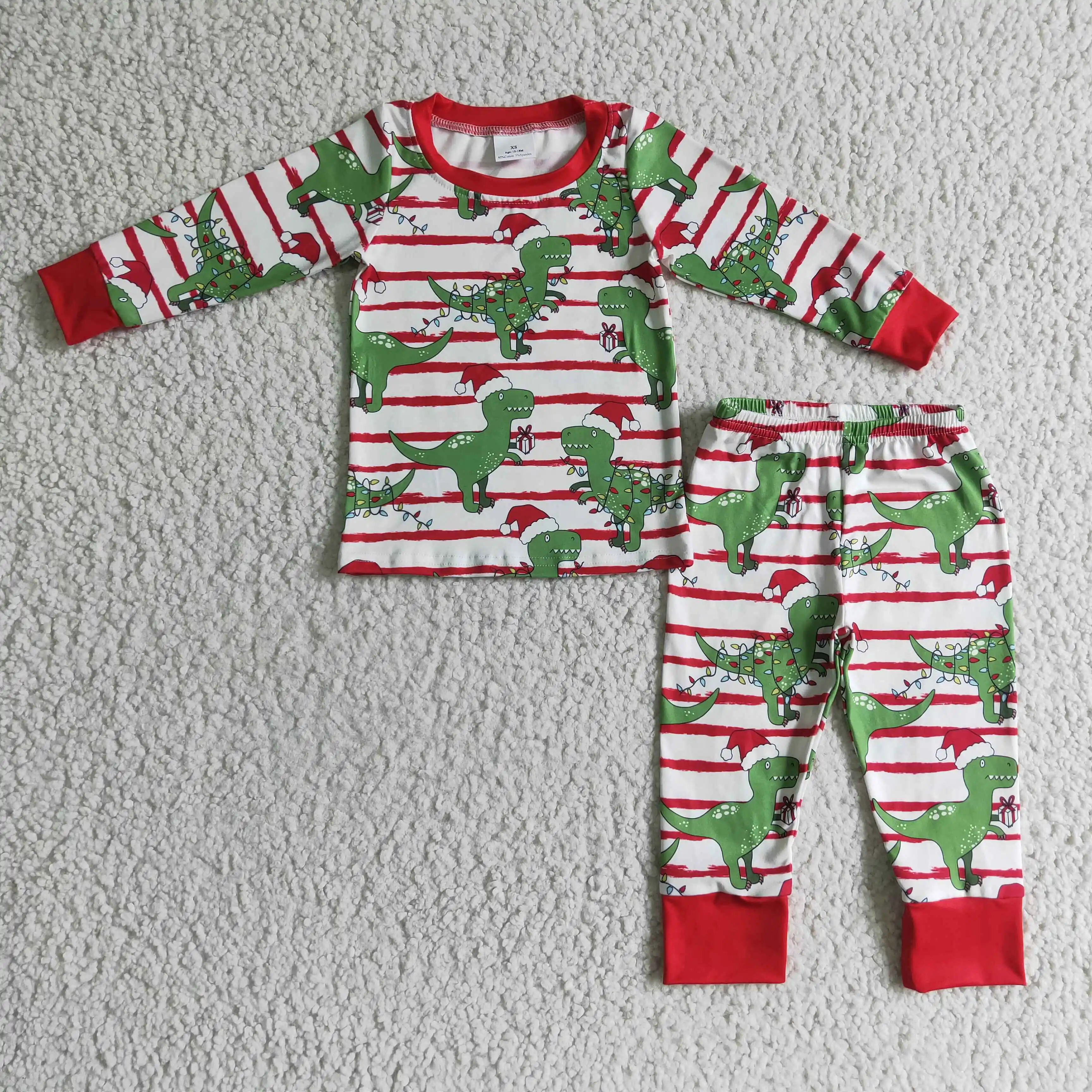 

Wholesale toddler boy sets christmas boy striped pajamas dinosaur wearing christmas hat printed long sleeve autumn winter set