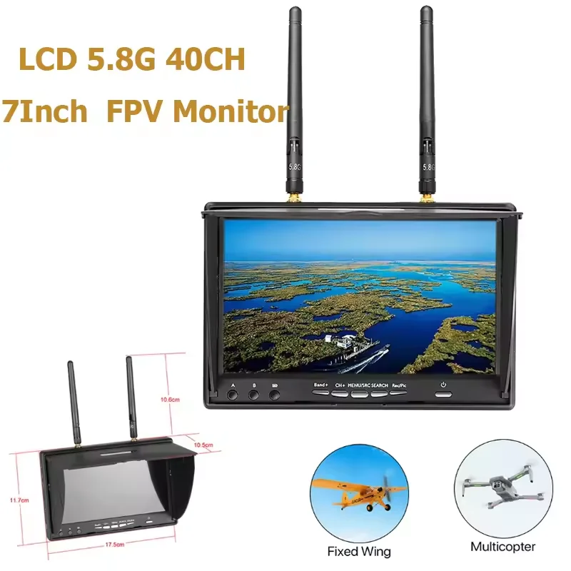 Фото 5.8G 40-канальный FPV-монитор LCD5802D 7 дюймов, разрешение 800*480, со встроенным DVR и аккумулятором, для видеосъемки на мультикоптерах, пластиковый корпус №4