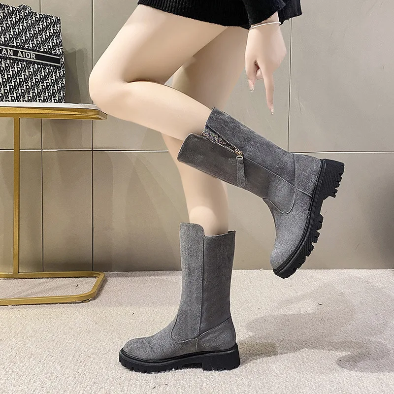

2022 New Mid Calf Boots for Women Size 43 Winter Warm Plush Female Low Square Heel Zipper Rhinestone Flat Shoes Black Snow Boots