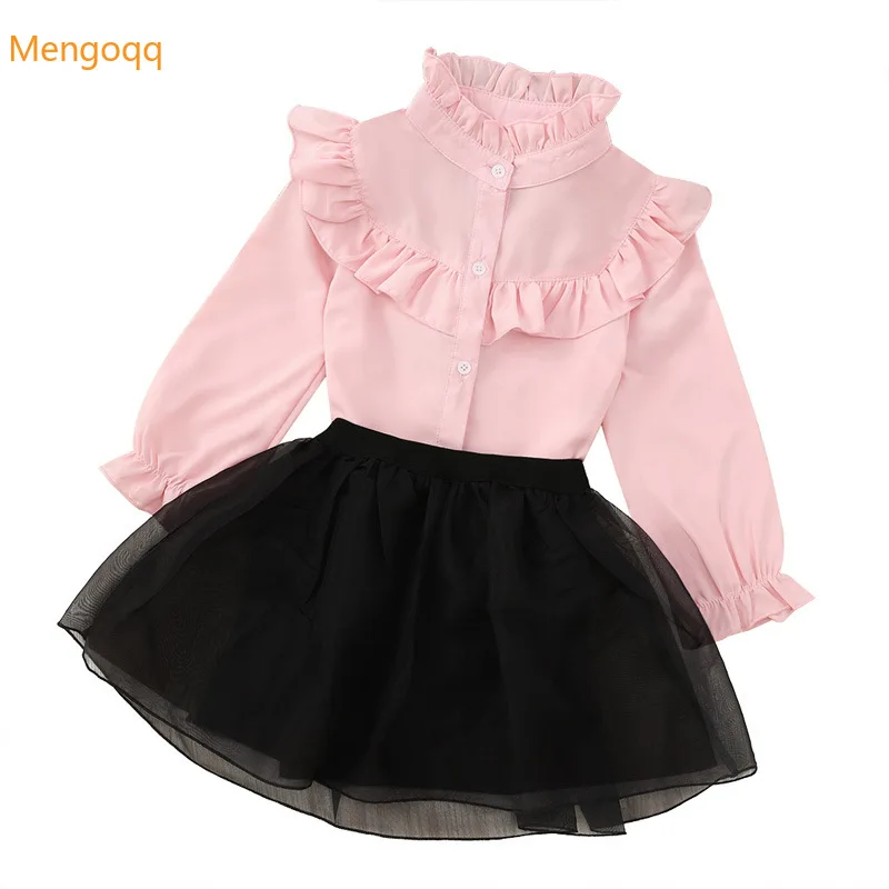 

Mengoqq, детская принцесса, однотонные рубашки с рюшами, блузки, сетчатая детская одежда для маленьких девочек, 2 шт.