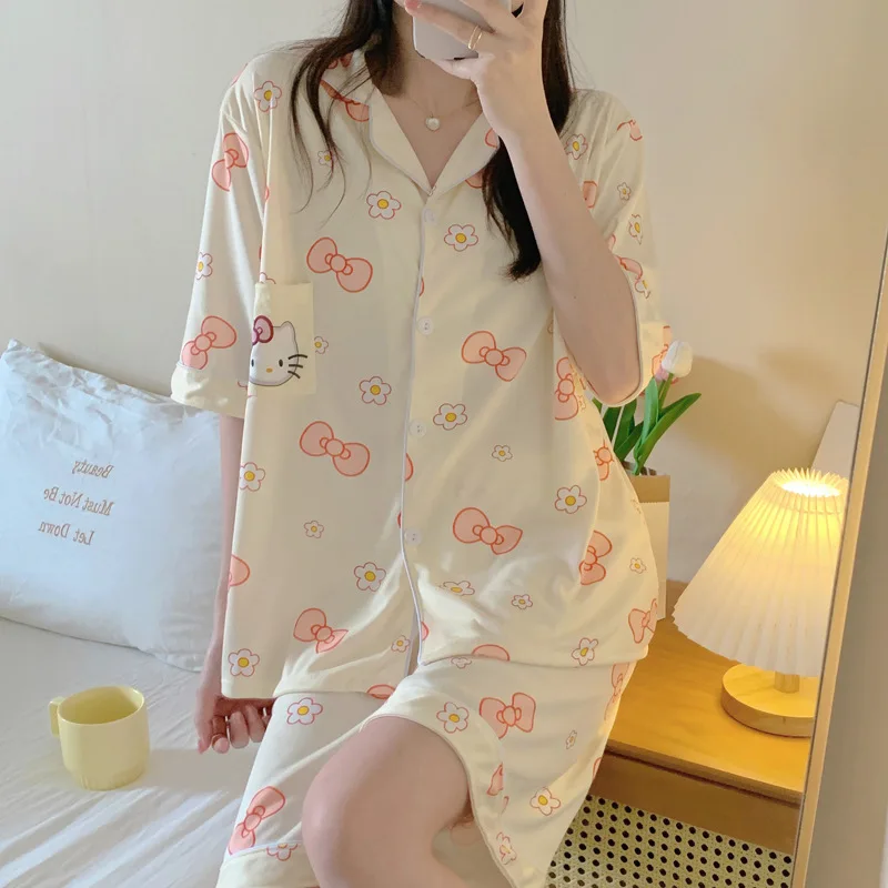 

Kawaii Anime Hello Kitty Pajamas Women's Summer Suit Cardigan Lapel Student Short Sleeve Two Piece Kt Cat Casual Loose Homewear