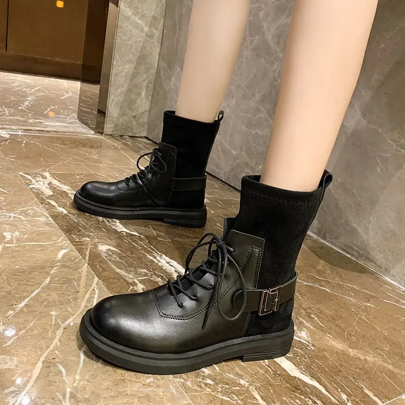 

Woman Shoes 2022 Autumn/Winter Martin Boots Plus Velvet Lady's British Style Ankle Boots Student High Top Fashion Casual Shoes