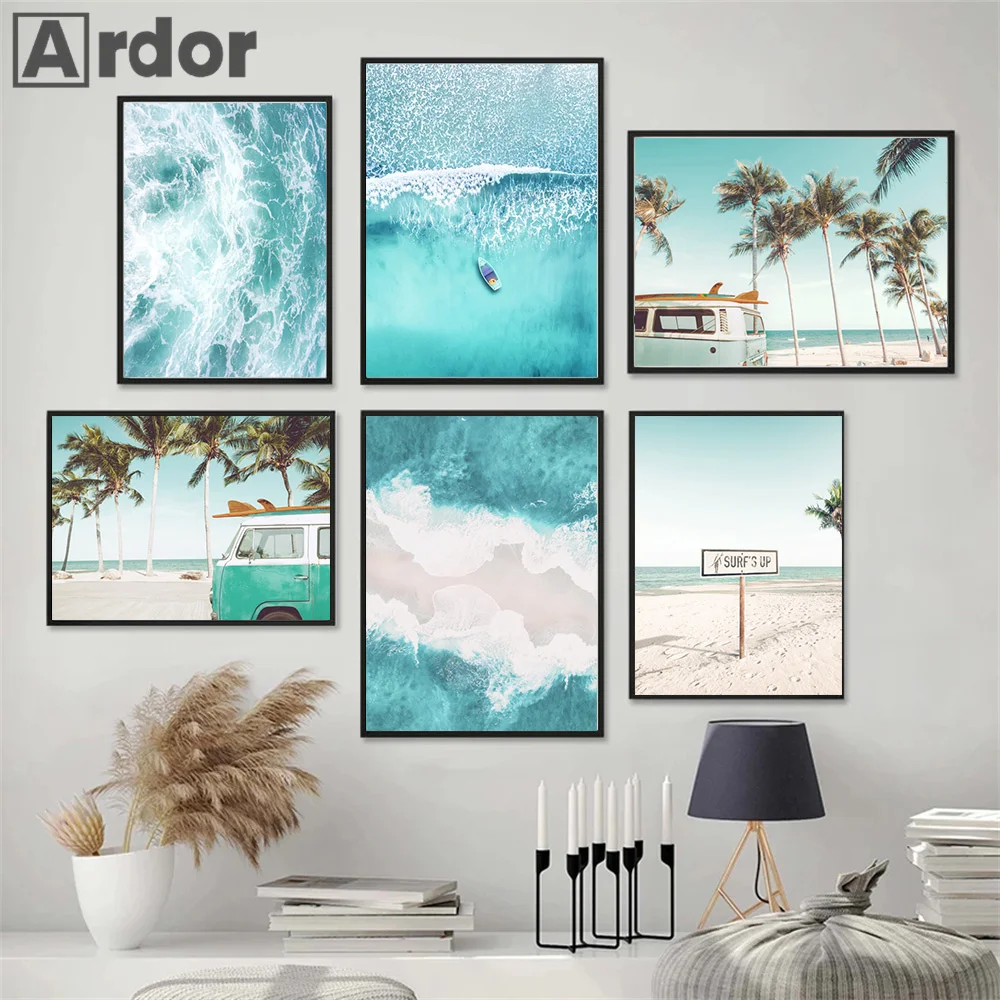 

Blue Ocean Sea Waves Landscape Wall Art Poster Painting Beach Canavs Print Palm Tree Posters Nordic Wall Pictures Bedroom Decor