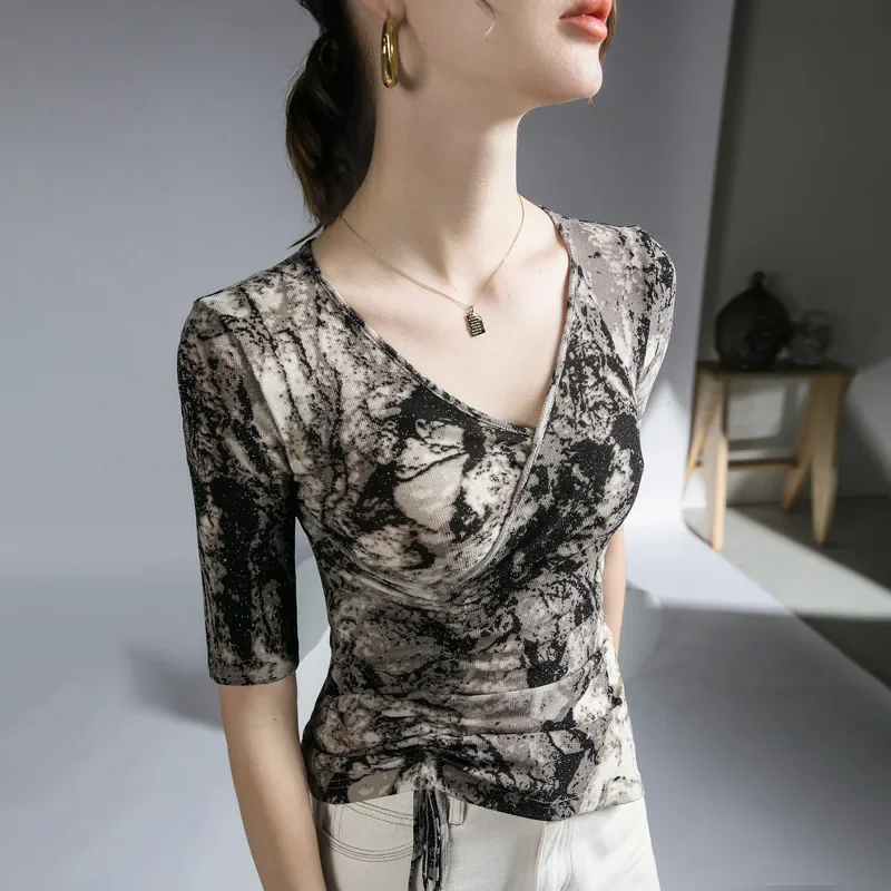 

HIgh Quality 2023 Women Tops T-shirt Female Tie-dye Print Design Clothing Winter Autumn Sexy Crop Top Clothes Casual Blouse Y2k