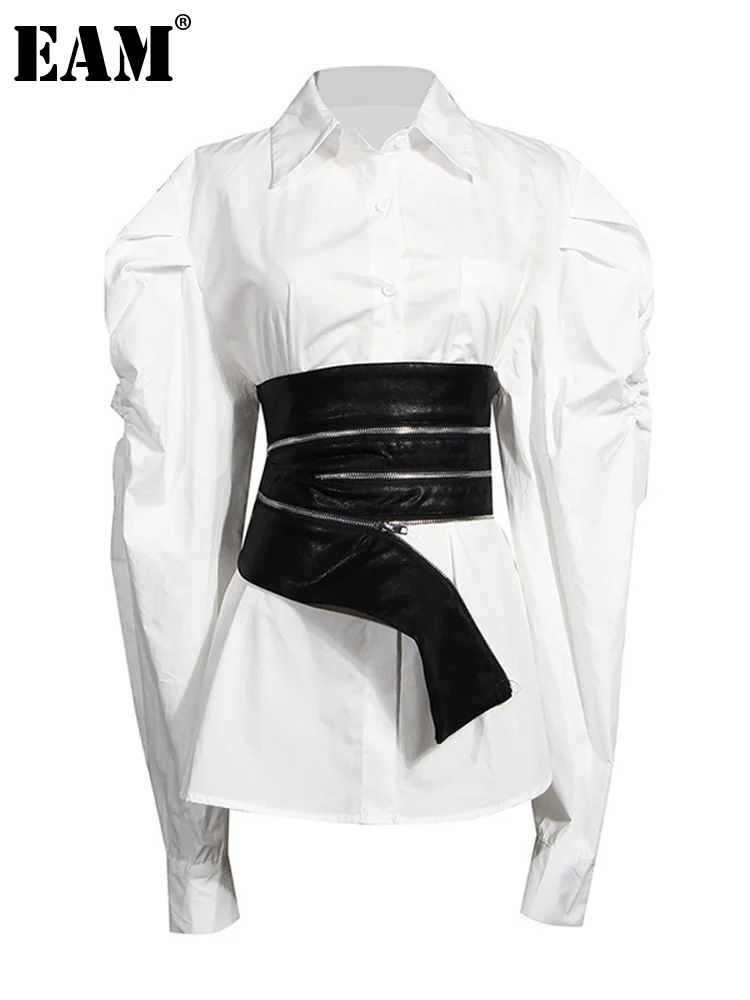 

[EAM] Women White Irregular Zipper Pu Blouse New Lapel Long Puff Sleeve Loose Fit Shirt Fashion Tide Spring Autumn 2022 1Z594