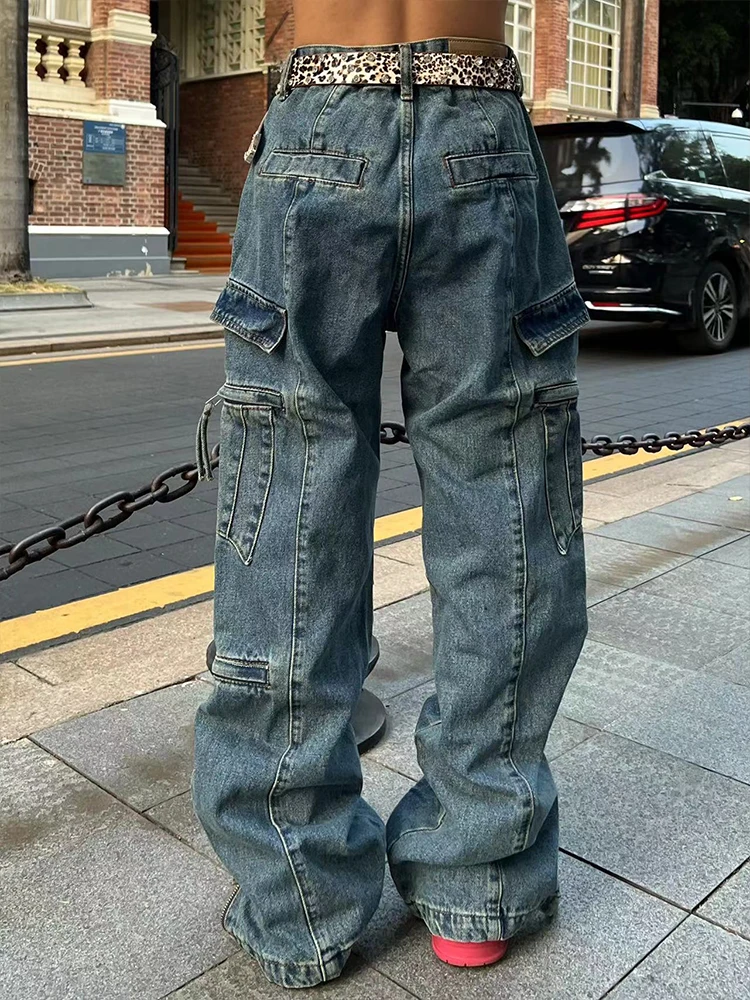 Retro Loose Washable Jeans for Men Y2K Large Pocket Straight Sleeve Jeans Baggy Wide Leg Zipper Hip Hop Casual Pants Floor