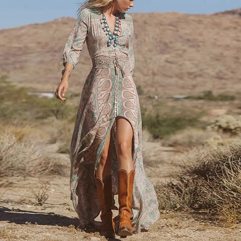 

Boho Beach Long Dress Vintage 2022 Floral Print Chiffon Three Quarter Sleeve V-neck Summer Gypsy Hippie Women Dresses Vestidos