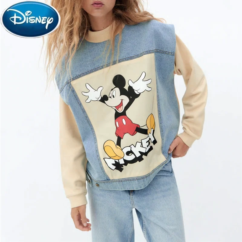 

Women Sweatshirt Oversized Hoodie Patchwork Casual Sweatshirts Disney Mickey Cartoon O Neck Long Sleeve Autumn Female Wome
