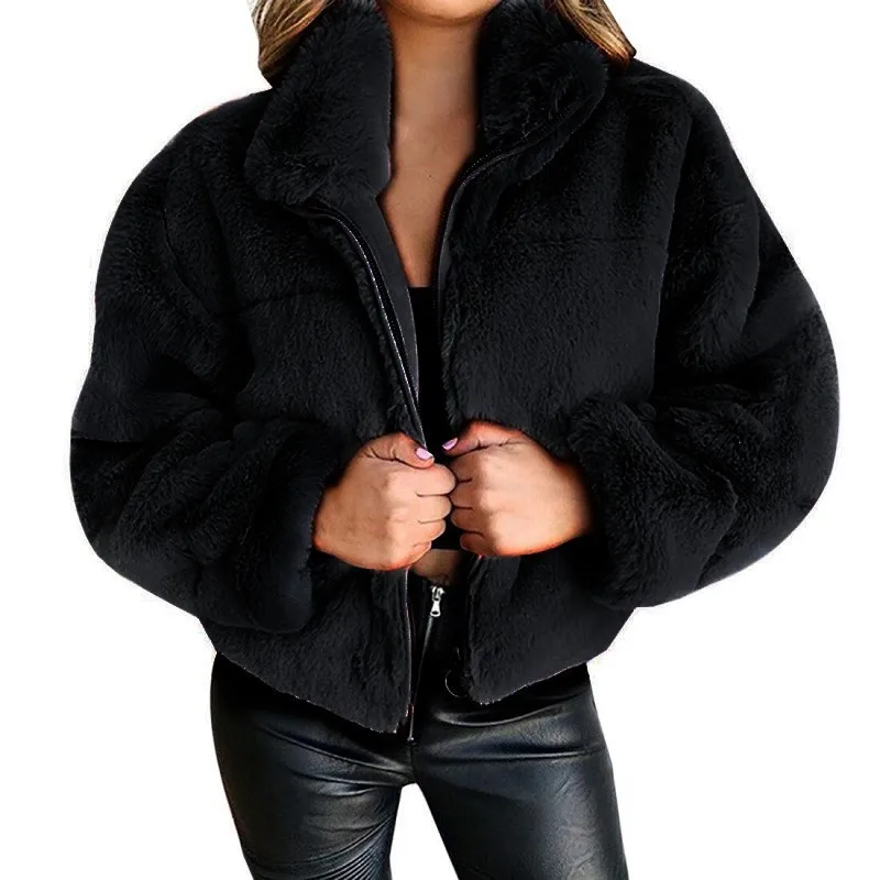 Korean Casual Plush Coat 2023new Green Short Faux Fur Coats Women Stand Collar Overcoat Winter Thicken Warm Furry Jackets Woman