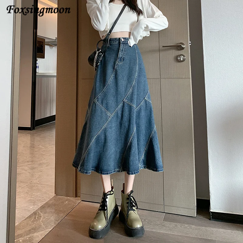 

2022 Summer Vintage Loose High Waist Mermaid Skirts Women Mid-length Denim Skirt Lady Casual Mujer Faldas Fashion A-line Skirt