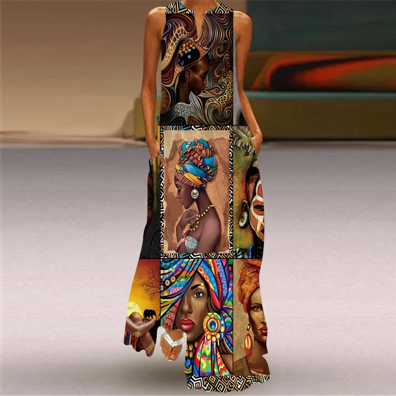 

Summer Women's Dress V-neck Sleeveless Elegant Unique Printed Dress New African Casual Loose Comfortable Vintage Long Dress