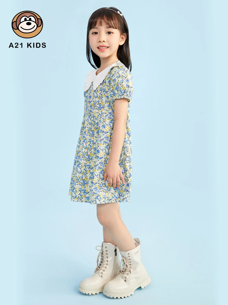 A21 Girls' Casual Dress 2022 Summer New Fashion Cotton Doll Collar Full of Printed Sweet and Cute Bubble Short-sleeved Dresses enlarge