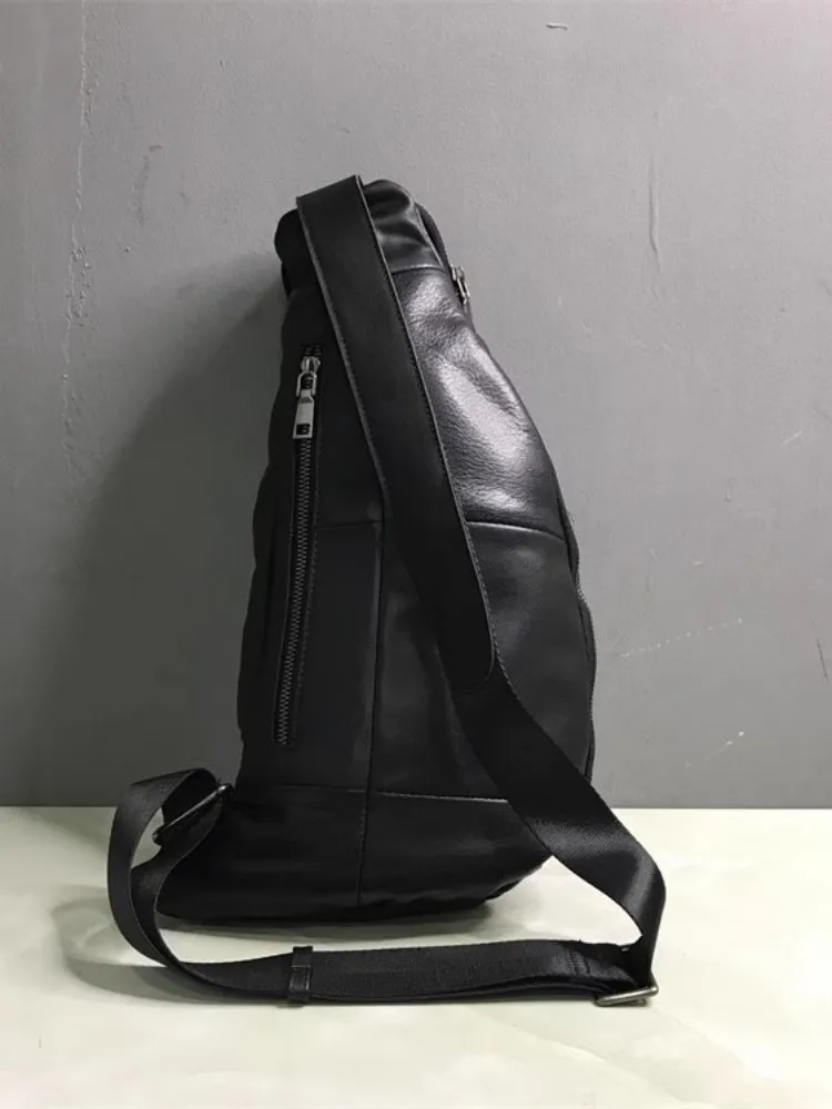 Сумка унисекс из натуральной кожи черная нагрудная сумка с несколькими