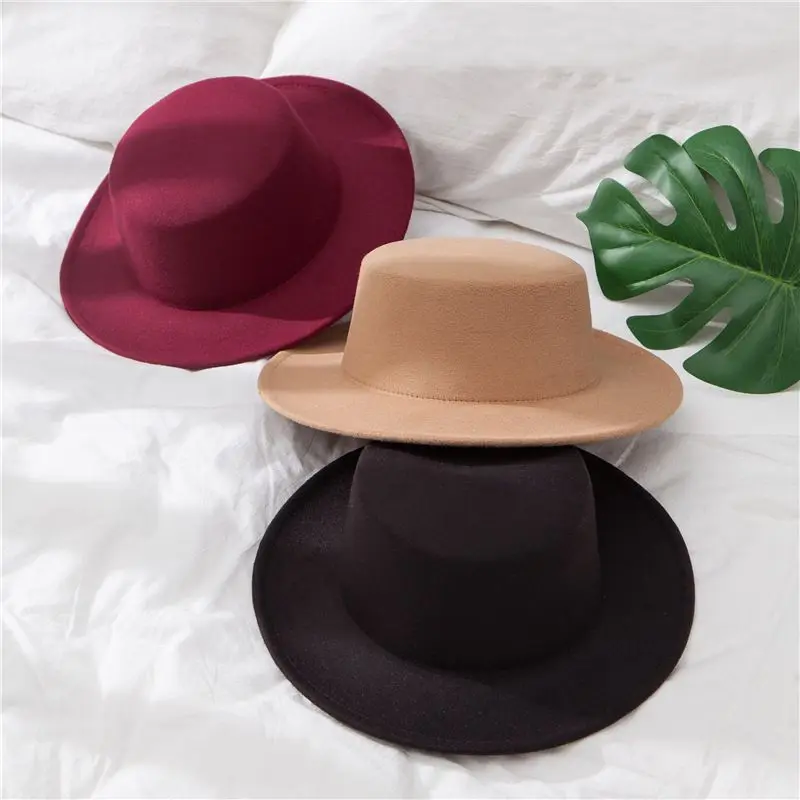 

Elegant British Wide Brim Ladies Caps Bowler Hats Flat Top Fedoras Hats for Women Solid Color Imitation Woolen Jazz Cap