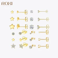 roxi 3pcsset crystals geometry stud earrings for women small star round piercings earring 925 sterling silver jewelry oorbellen