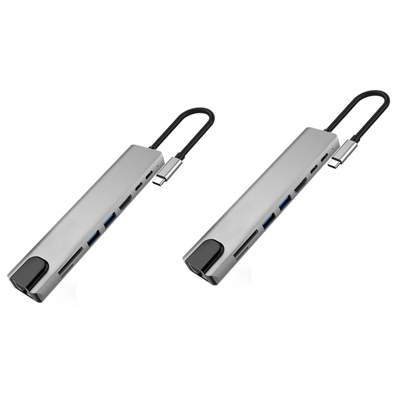 

2X USB C Hub 8 In 1 Multiport Type C Adapter With 4K HDMI Port, Ethernet 1000Mbps RJ45 Port, USB-C Power Delivery