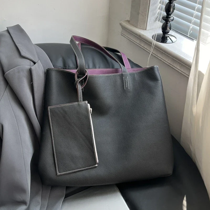 Вместительная сумка-тоут из мягкой кожи двухсторонняя сумочка воловьей сверху