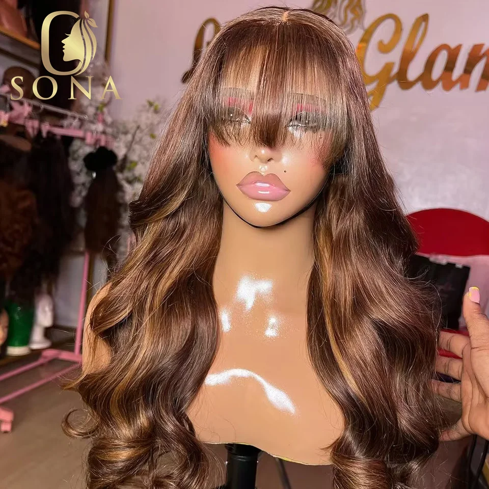 

13x4 HD прозрачный кружевной передний парик, красивые медовые Светлые Коричневые волнистые человеческие волосы, парики с челкой, Remy бразильские 4/27