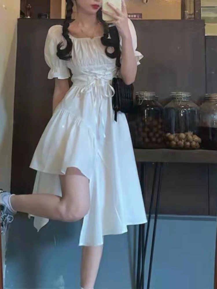 

Women White Dress Spring Elegant Vintage French Puff Sleeve Dress Sexy Square Collar Bandage Sundress Goth Bandage Dresses