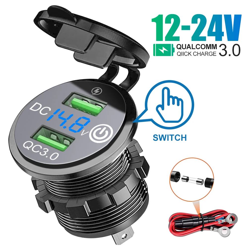 QC 3.0 Dual USB Car Charger Socket with Cable Waterproof Fast Charge Power Outlet for 12V-24V Motorcycle Boat Marine Truck ATV | Автомобили
