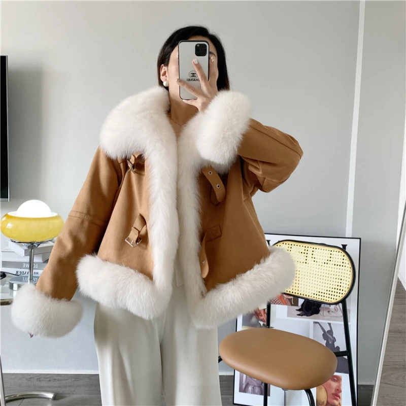 

RosEvans Vintage New High Quality Full Pelt Fox Fur Down Lining Coat Women Fashion Lapel Warm Short Real Fur Jacket Fit Winter