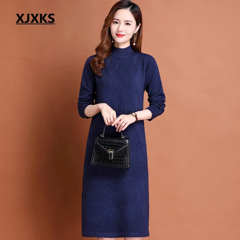 XJXKS Solid Color All-match Wool Knitted Dress 2022 Autumn And Winter New High Quality Long Sweater Women's Vestidos