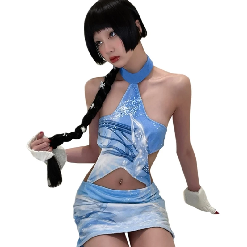

Women 2-piece Suit Detachable Top Skirt Outfits Blue Sleeveless Backless Short Dress Y2K Sexy Steetwear for Summer Daily 10CD
