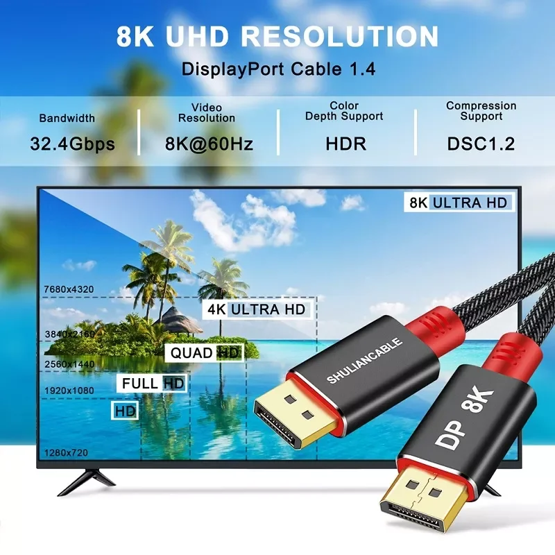 

The newShuliancable DisplayPort 1.4 Cable 8K 4K HDR High Speed 32.4Gbps Display Port Adapter For Video PC Laptop TV DP 1.4 Displ