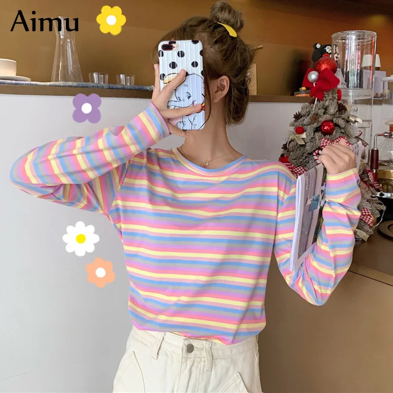 

Harajuku Vintage t shirt Ulzzang Girlfriends kawaii rainbow stripe t-Shirts autumn Women Casual Loose long Sleeve pink Top Femme