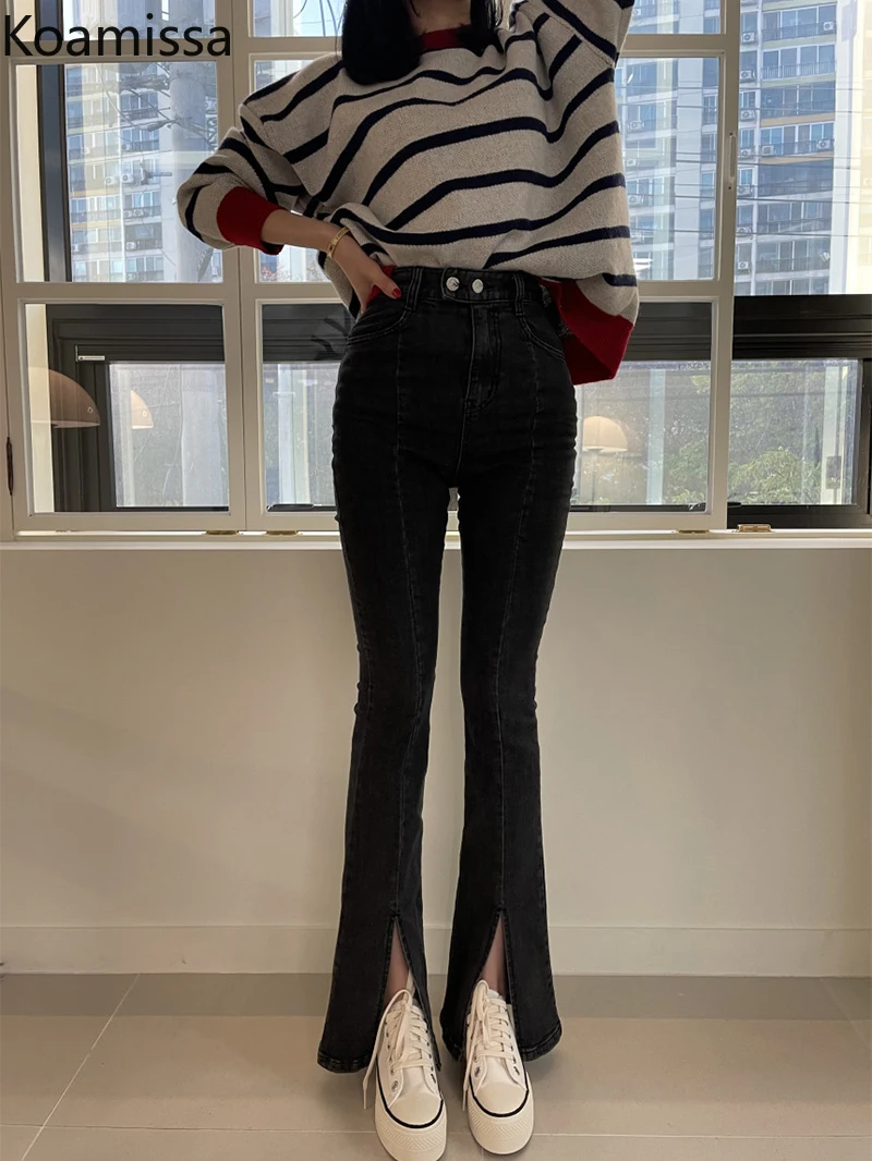 

Koamissa Women Fashioin Jeans Solid Split High Wasit Plus Size Chic Denim Pants Spring Autumn Flare Trousers Dropshipping 2022
