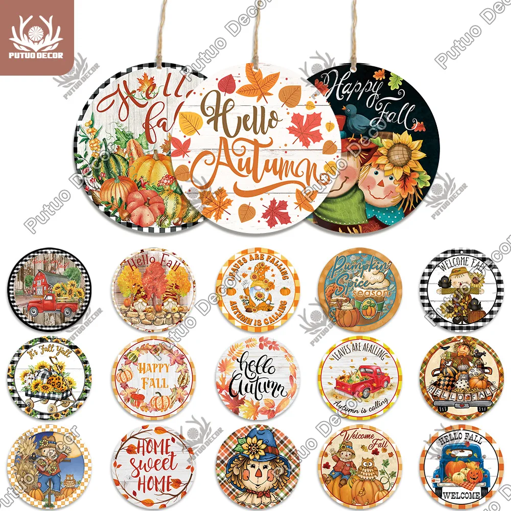 

Putuo Decor Autumn Round Wall Hanging Sign Rustic Fall Harvest Wooden Plaque for Home Door Porch Farmhouse Yard Garden Decor