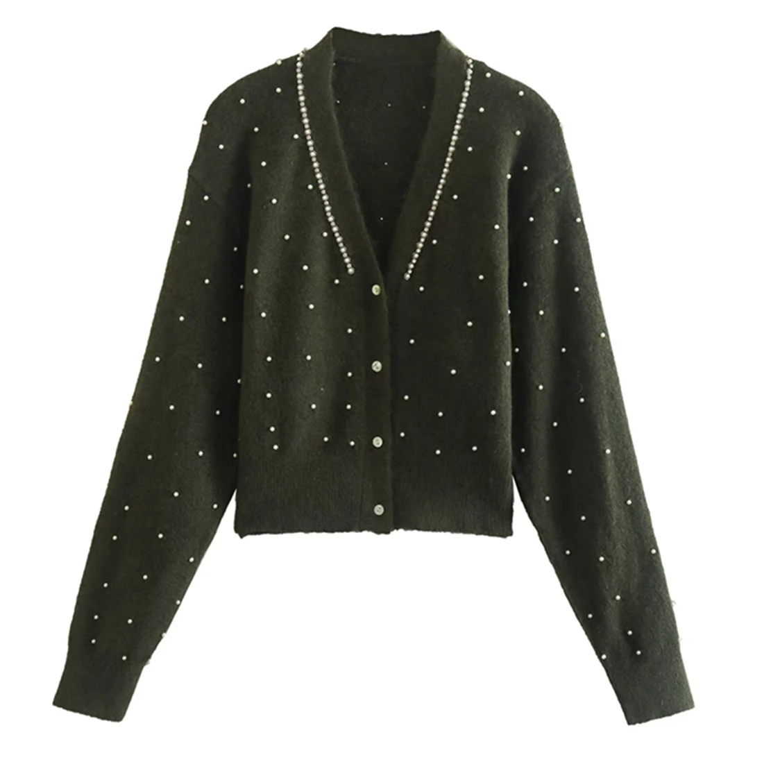 

Elmsk Fashion Knitwear Jacket Women Vintage Pearls Dark Green Single Breasted Cardigas