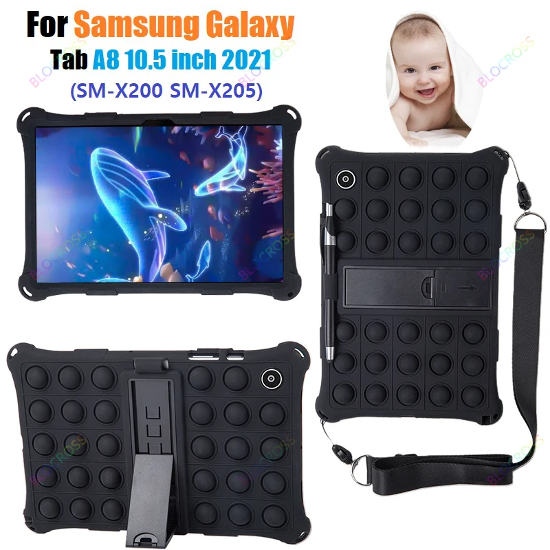 

Bubble Silicon Cover for Samsung Galaxy Tab A8 10.5 2021 Tablet PC Kickstand Funda for Samsung SM-X200 X205 with Strap Stylus