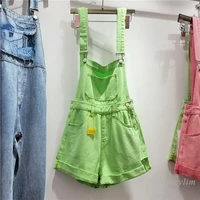 2022 summer green denim overalls for women new strap jeans shorts girls students streetwear casual all match purple
