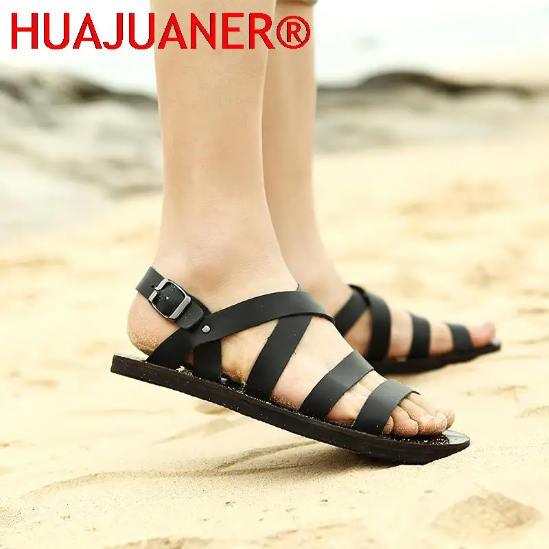 Сандалии мужские из натуральной кожи плоская подошва открытый носок Римский