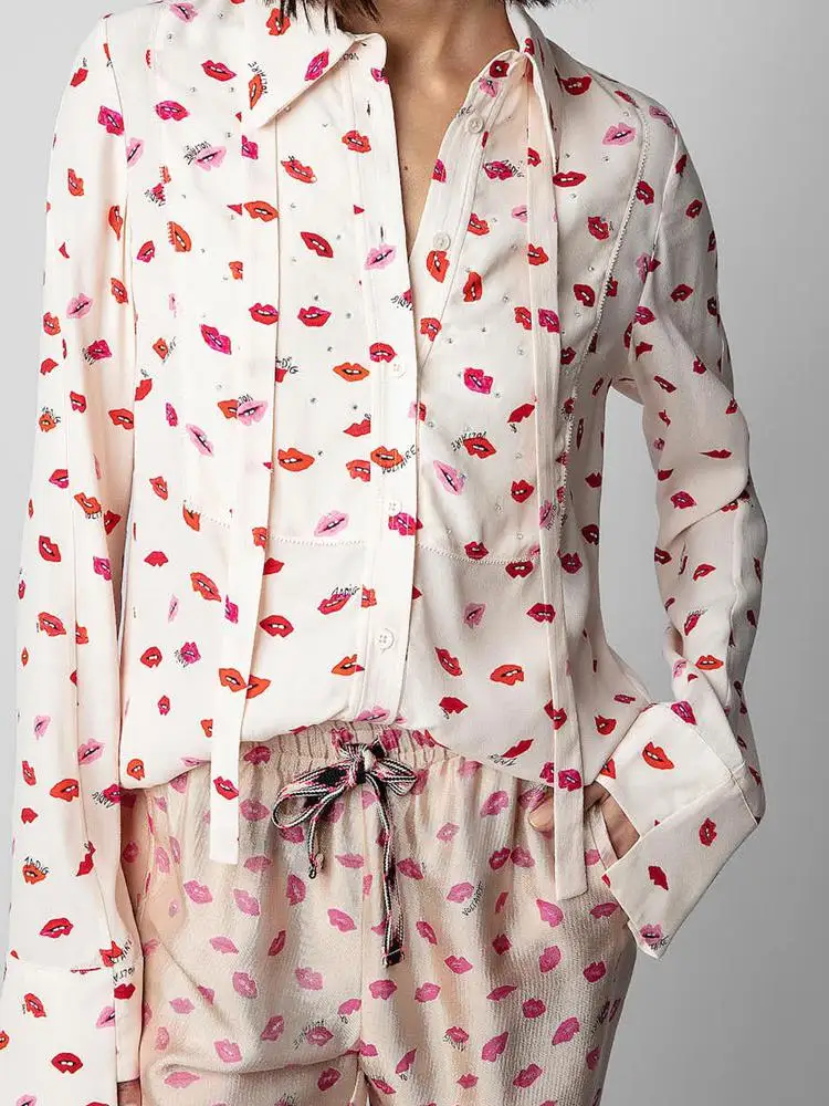 

2023 Spring New Women Shirt Red Lips Print Long-sleeved Single-breasted Top