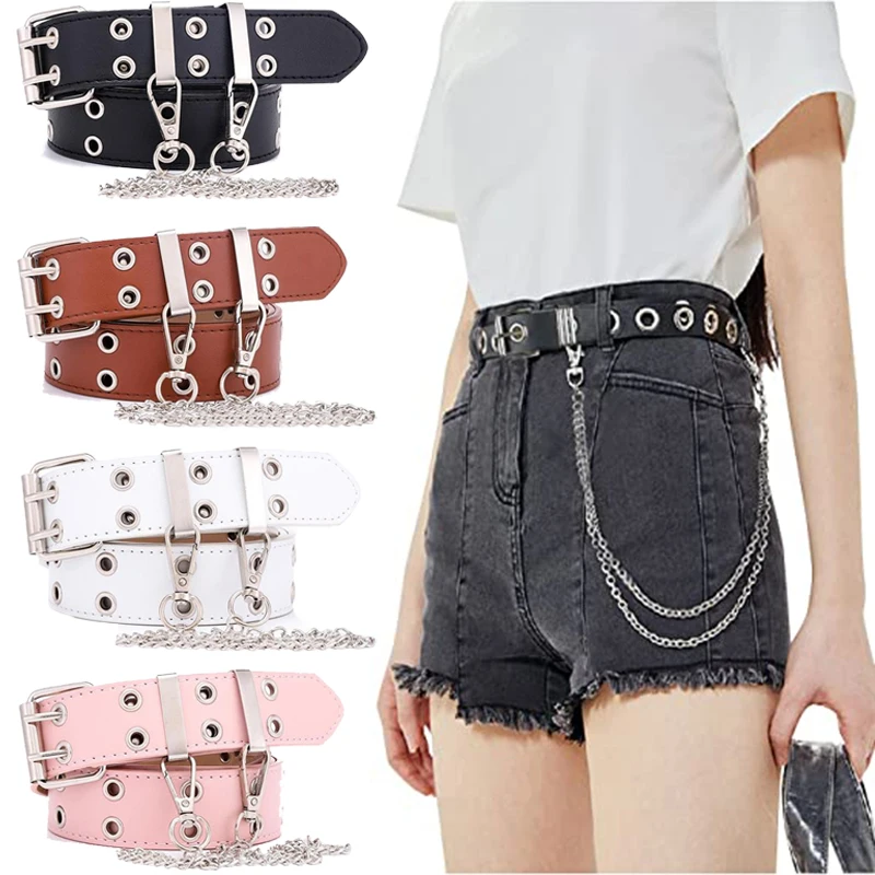 Women Gothic Chain Belt PU Leather Pin Buckle Punk Wind Jeans New Style Fashion Female Black Free Size Grommet Belts for Pants