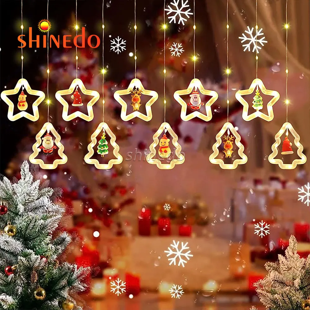 

Рождественская гирлянда в виде пятиконечной звезды, гирлянда для украшения занавесок, праздничное освещение, огни в виде сосулек, снеговика, Санта-Клауса