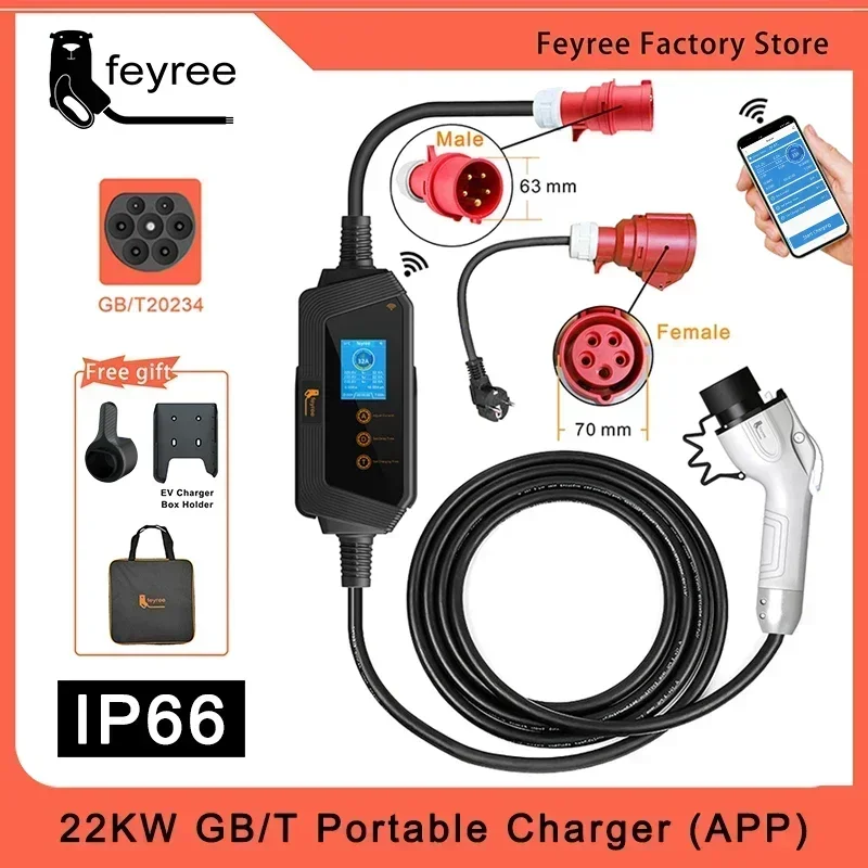 Фото Feyree Портативное зарядное устройство для электромобилей GBT Plug 22KW 32A 3-фазное зарядное устройство EVSE с быстрой зарядкой Wi-Fi Smart APP Control для автомобильного зарядного устройства электромобиля №1