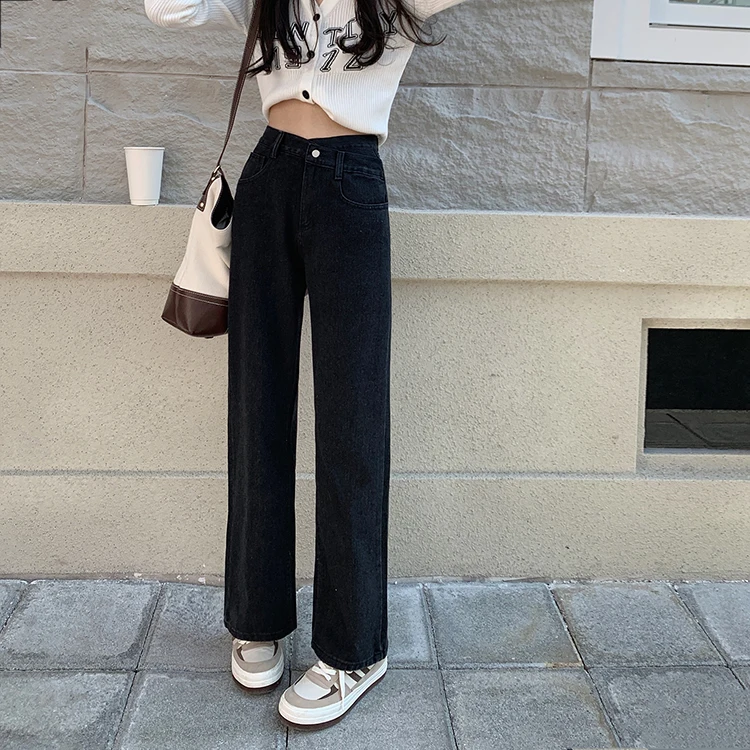 

DD3169 New fashion loose high waist irregular wide leg trousers jeans