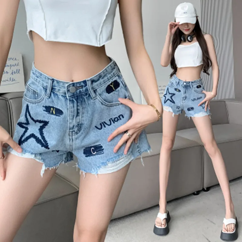 BULOCHOVA Blue High Waist Loose Hole Denim Shorts For Women Embroidery Wide Leg Hot Short Pants Jeans Female Large Size 2023 New